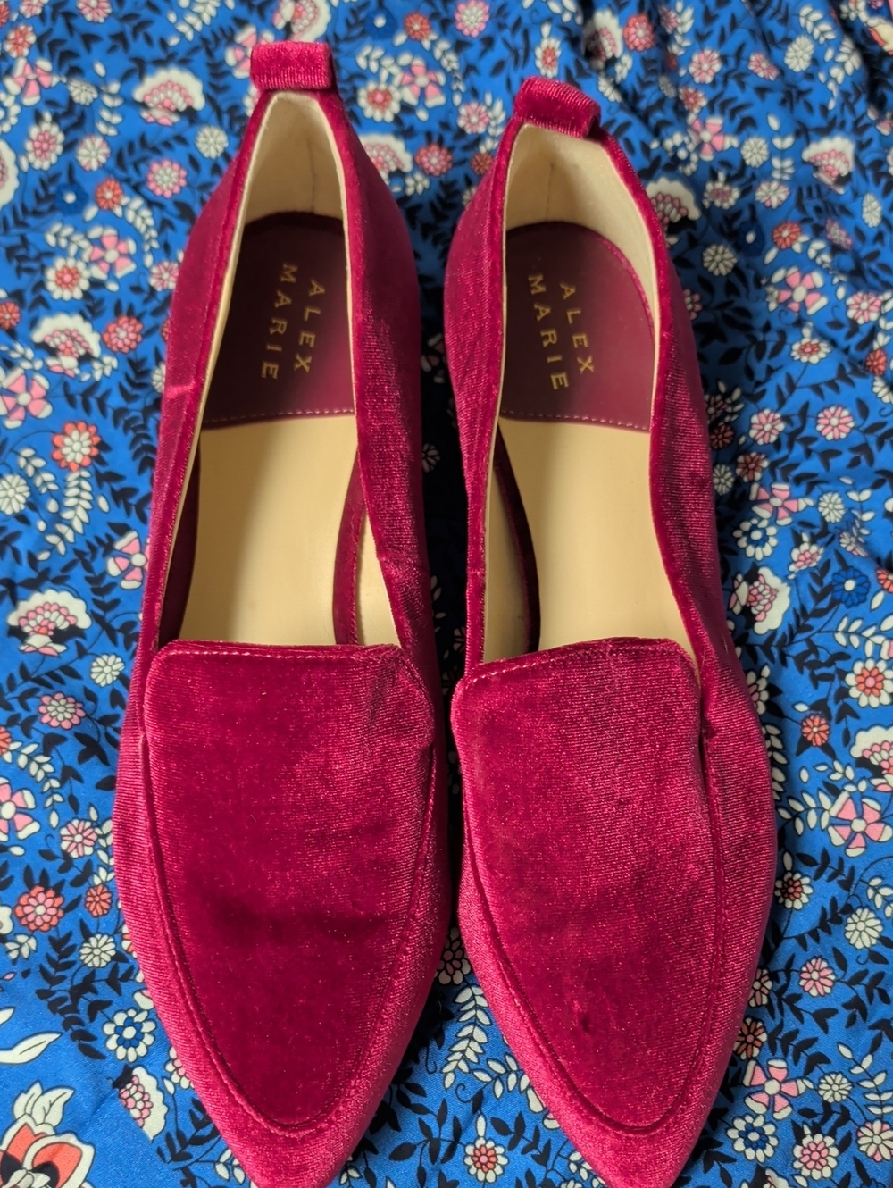 Alex Marie Velvet Pointed Loafers in Berry